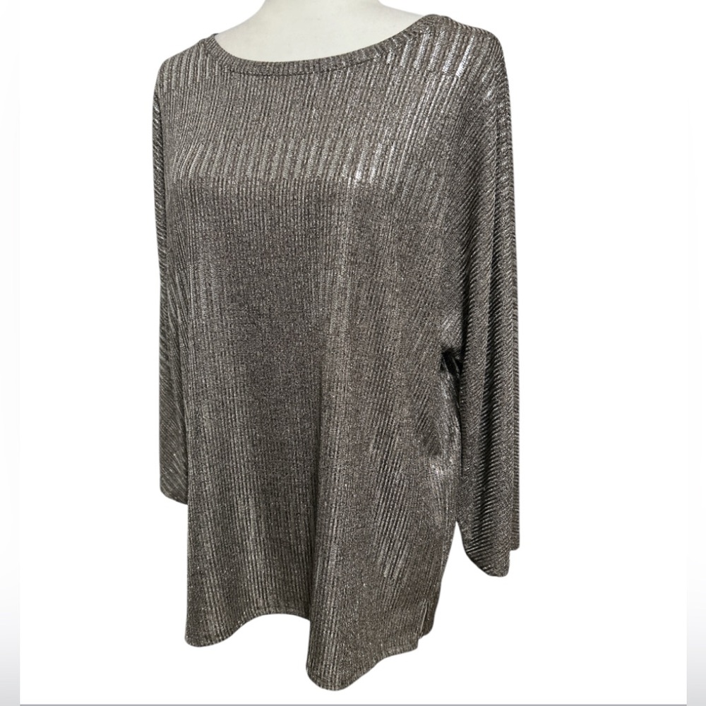 CHICO’S Women’s Shimmering Blouse Crew neck Dolman Sleeve Metallic Silver XL 3